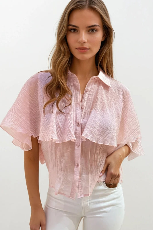 Q2 Blusa de chiffon texturada cor-de-rosa com mangas caídas