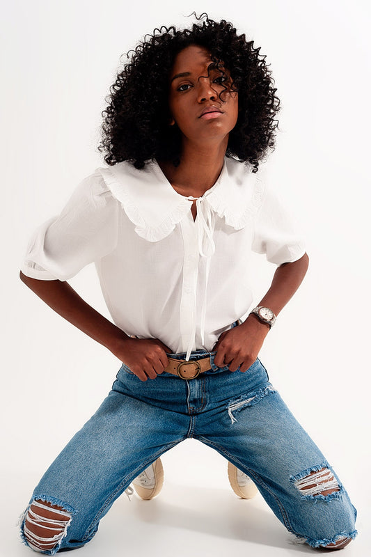 Q2 blusa de colarinho da pradaria em branco