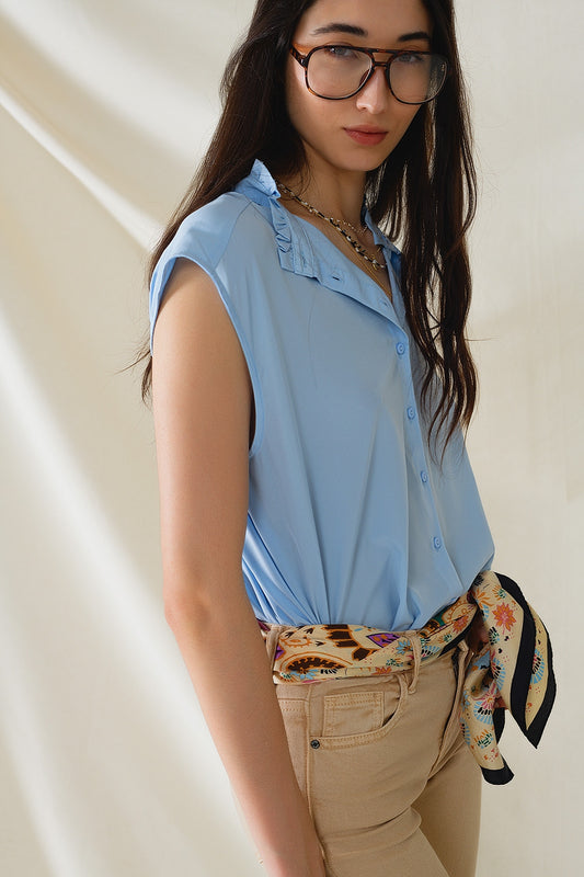 Q2 Blusa de gola Mao sem mangas com botões azul