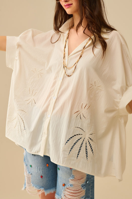 Q2 Blusa de grandes dimensões bordada com desenho de folhas de palmeira