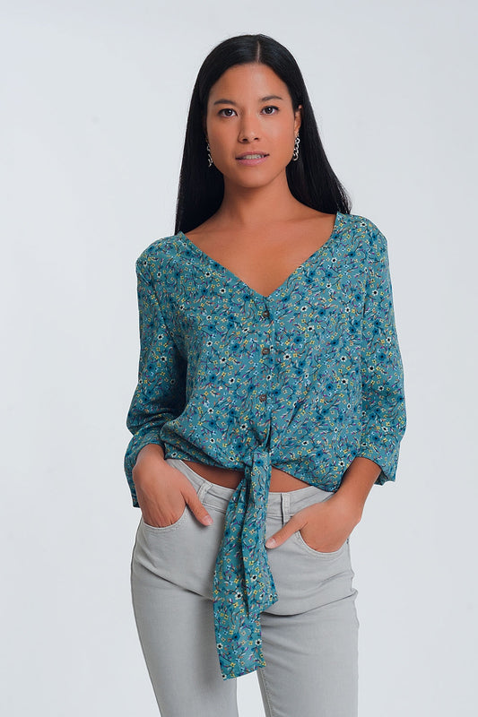 Q2 Blusa de mangas compridas com decote em V botões e estampa floral verde