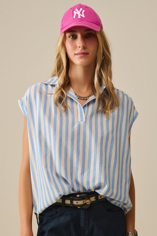 Q2 Blusa de mangas descaídas às riscas em azul