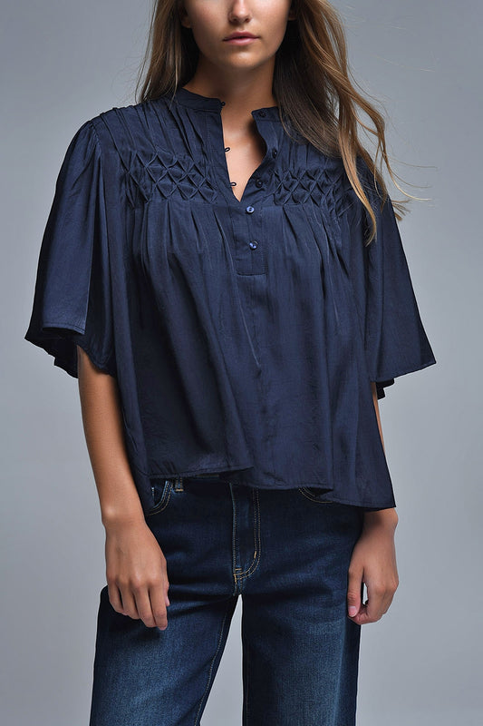 Q2 Blusa descontraída estilo boho da Marinha com pormenores bordados
