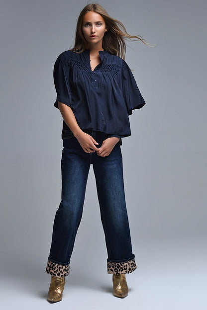 Blusa descontraída estilo boho da Marinha com pormenores bordados