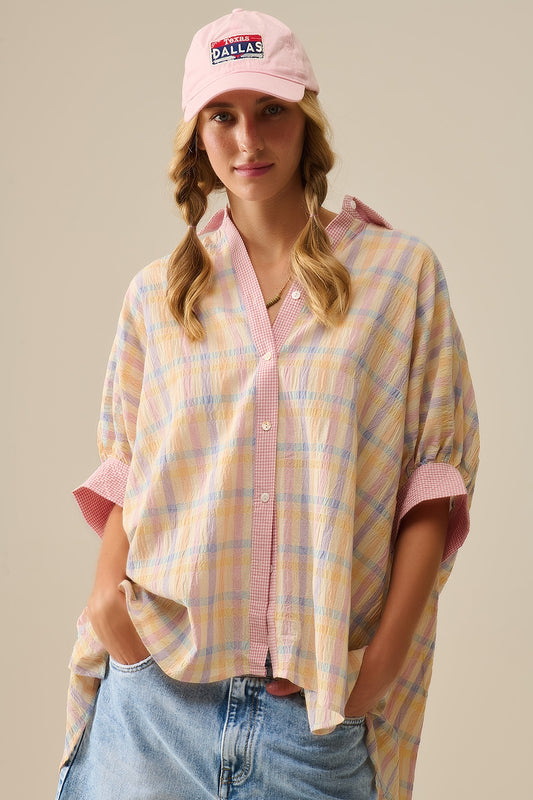 Q2 Blusa fluida de grandes dimensões com contraste cuadros
