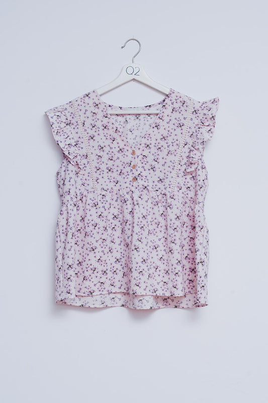 Q2 Blusa púrpura com bordados e detalhes de rufos