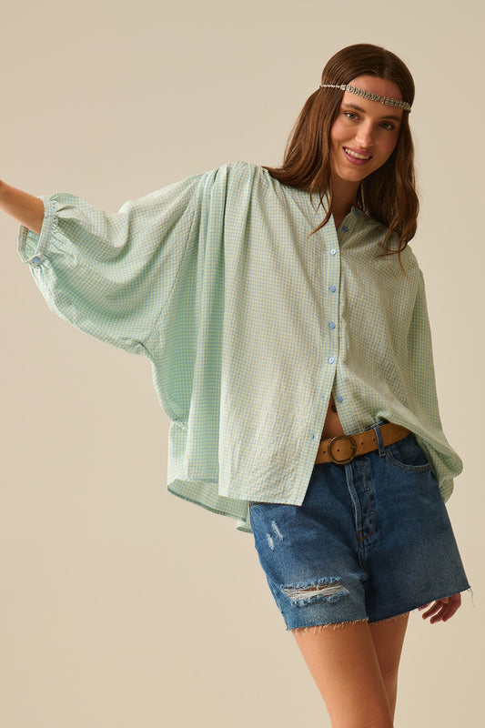 Q2 blusa solta de gingão azul claro