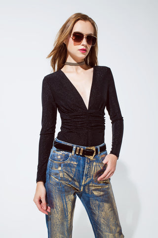 Body brilhante de manga comprida em preto