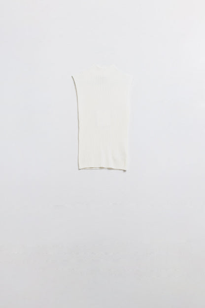 Sleeveless high neck wool jumper in white with fine knit texture and ribbed edges