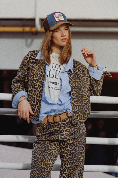Brown animal print jacket for women by Q2 styled with matching pants and a blue shirt