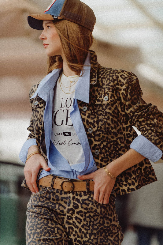 Brown animal print jacket for women by Q2 paired with matching trousers and casual cap