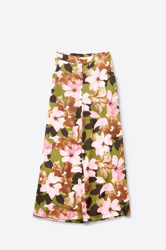 Q2 Calça de perna larga multicolorida Tropical Floral em tecido acetinado