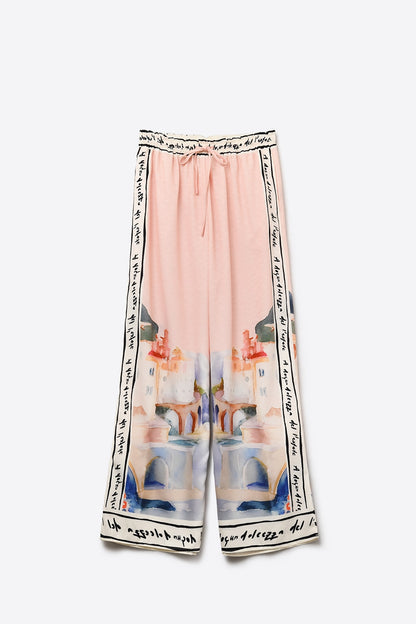 Q2 Calças cor-de-rosa com estampado de aguarela de verão