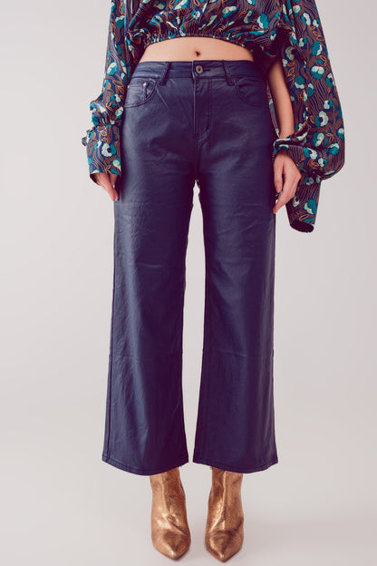 Calça de fundo largo de couro sintético azul