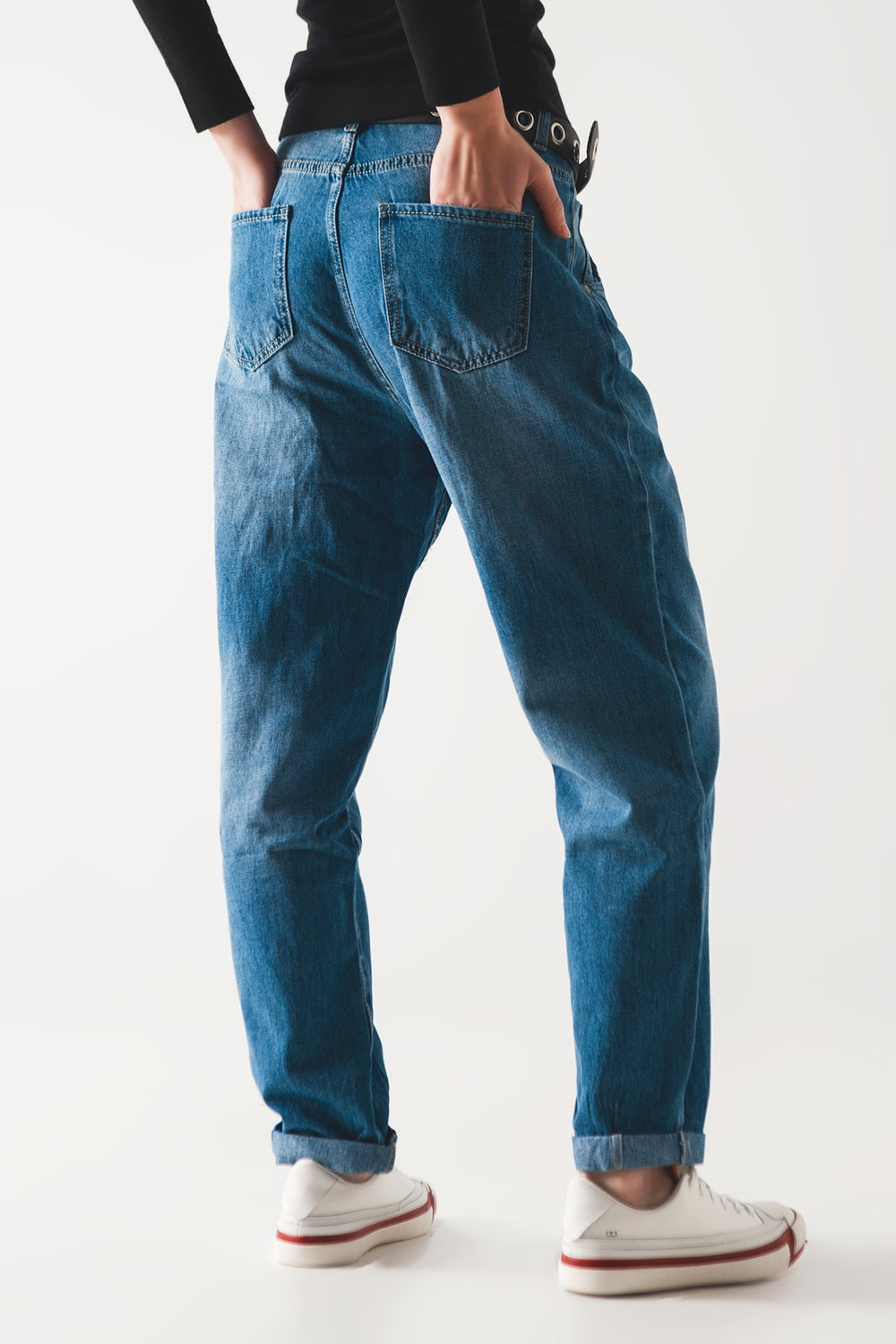 Calças de ganga de skater de algodão lavagem azul média