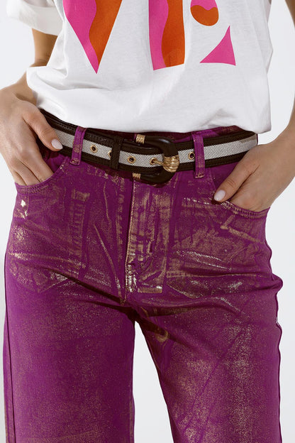 Calça de ganga Magenta de perna larga com acabamento metálico em dourado