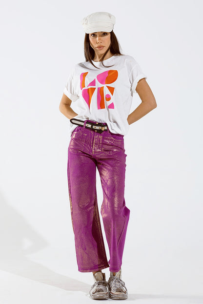 Calça de ganga Magenta de perna larga com acabamento metálico em dourado
