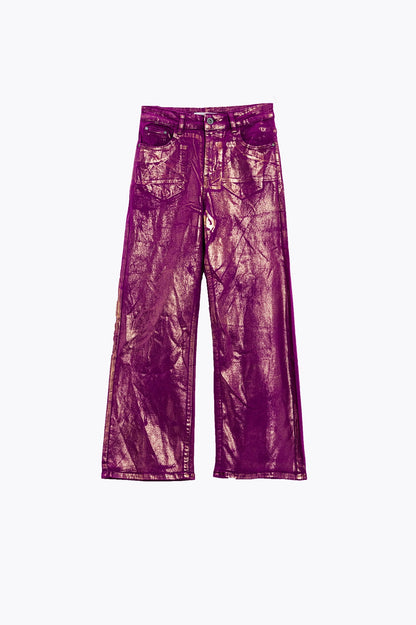 Calça de ganga Magenta de perna larga com acabamento metálico em dourado