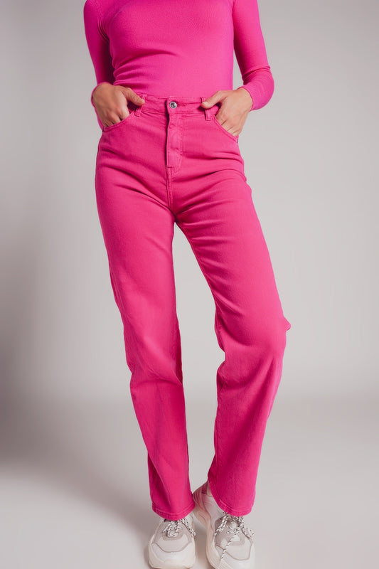 Q2 Calças de ganga mom fuchsia com alta subida e ajuste solto