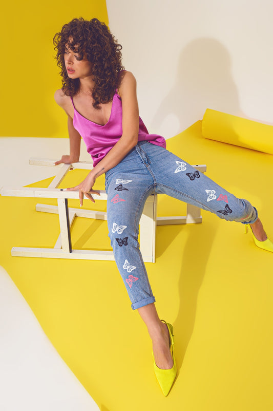Q2 Calças de ganga skinny com detalhe de borboleta em Light Blue Wash