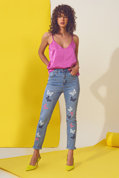 Calças de ganga skinny com detalhe de borboleta em Light Blue Wash