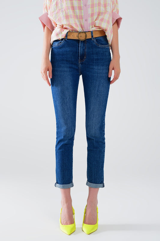 Q2 Calças de ganga skinny de cintura alta em lavagem escura com cinco bolsos