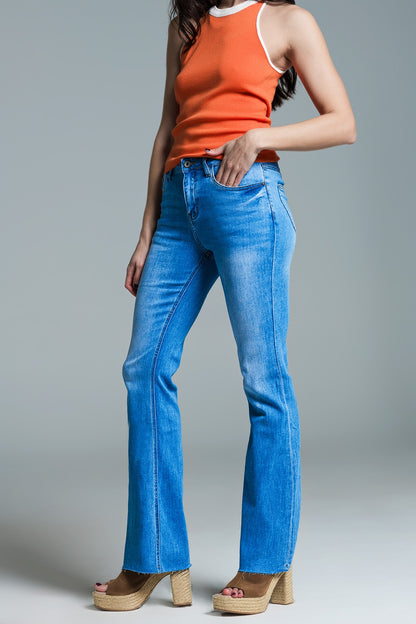 Calças de ganga skinny de cintura regular com pernas largas em lavagem clara