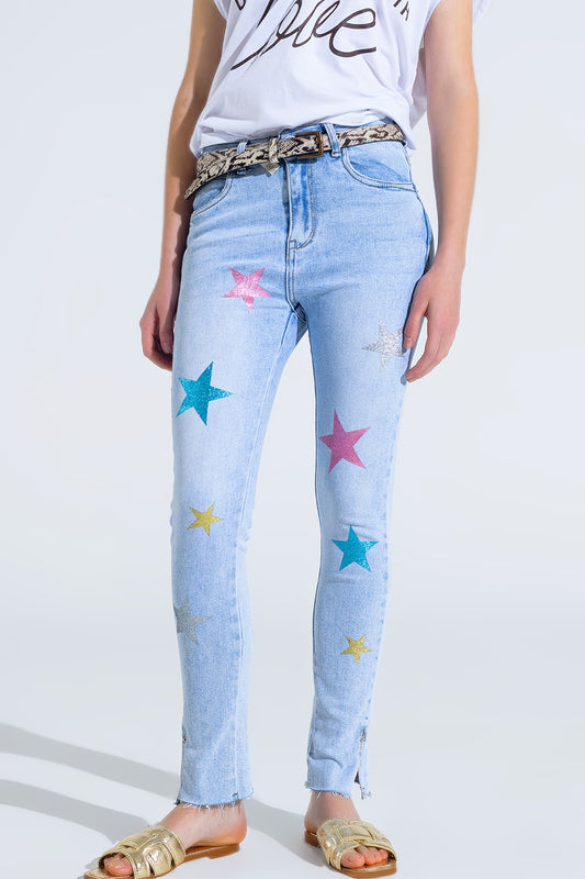 Q2 Calças de ganga skinny de lavagem clara com estrelas nas pernas