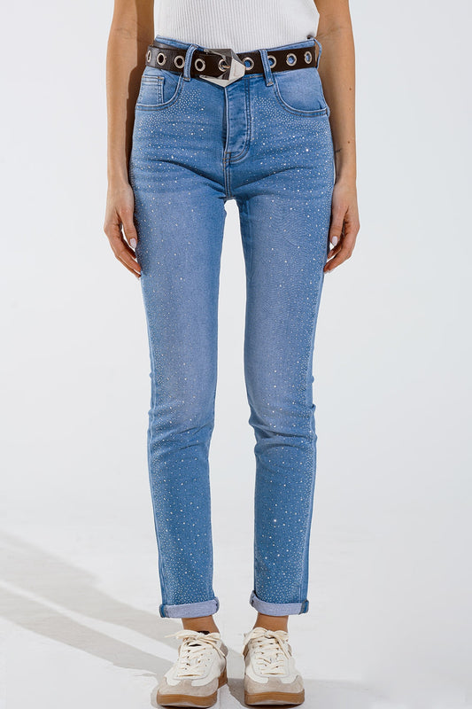 Q2 Calças de ganga skinny em azul lavado com strass na parte da frente
