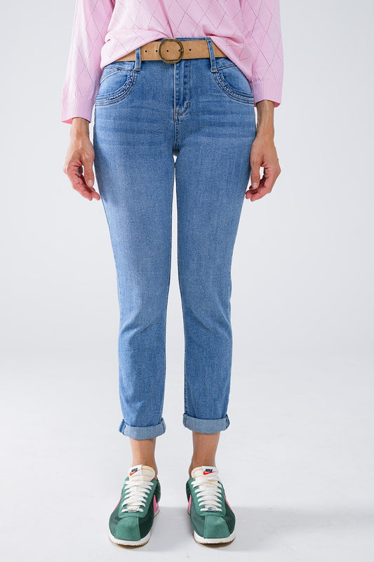 Q2 Calças de ganga skinny em lavagem clara com pormenor no bolso