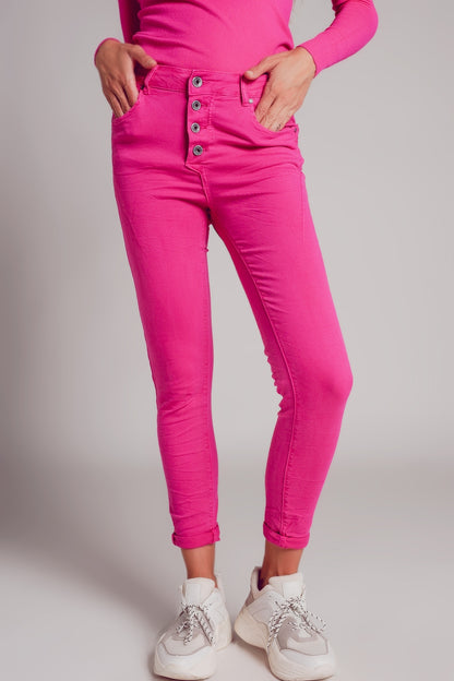 Q2 Calças de ganga skinny fuchsia com fecho de botão exposto