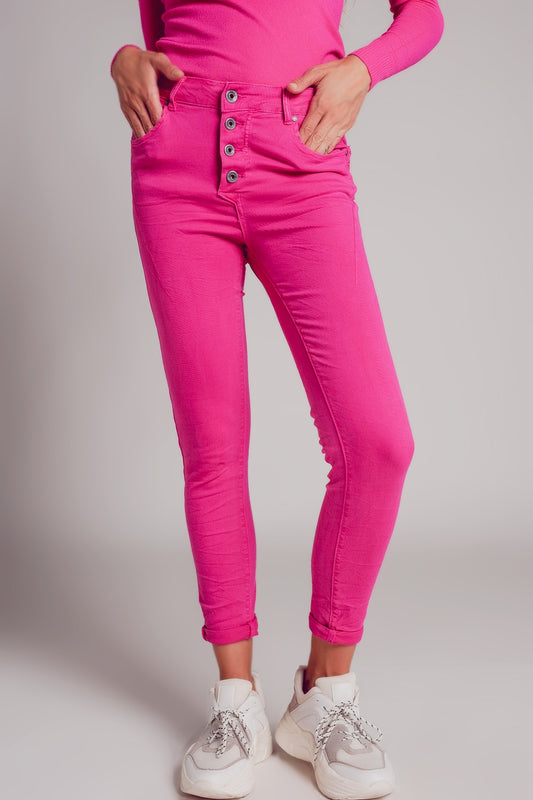 Q2 Calças de ganga skinny fuchsia com fecho de botão exposto