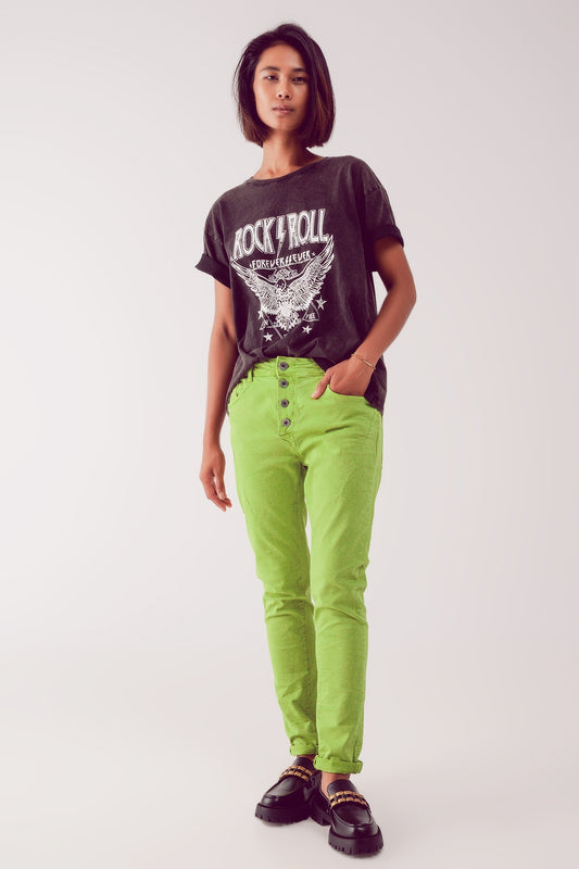 Q2 Calças de ganga skinny verde com fecho de botão exposto