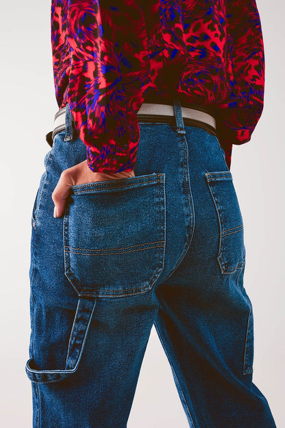 Q2 Calças de ganga stretch boyfriend de algodão em meio azul
