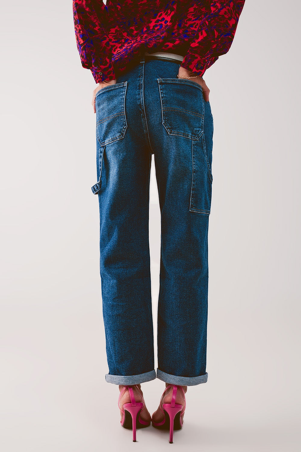 Calças de ganga stretch boyfriend de algodão em meio azul