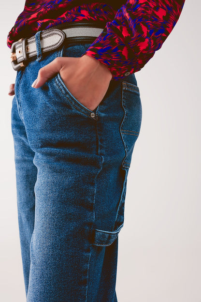 Calças de ganga stretch boyfriend de algodão em meio azul