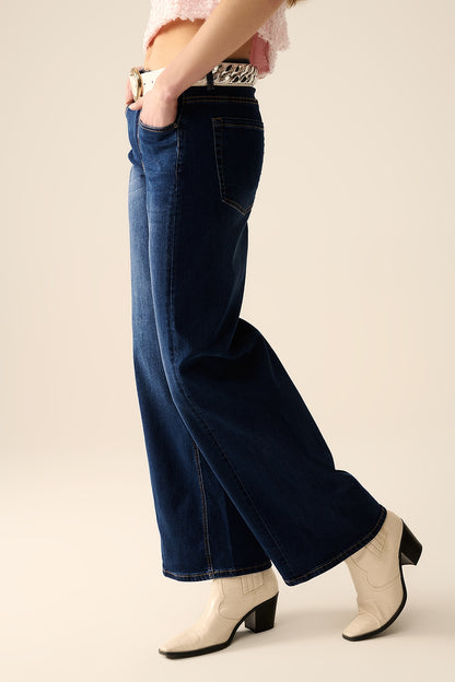 Calça de ganga stretch de perna larga escura