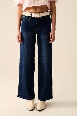 Calça de ganga stretch de perna larga escura