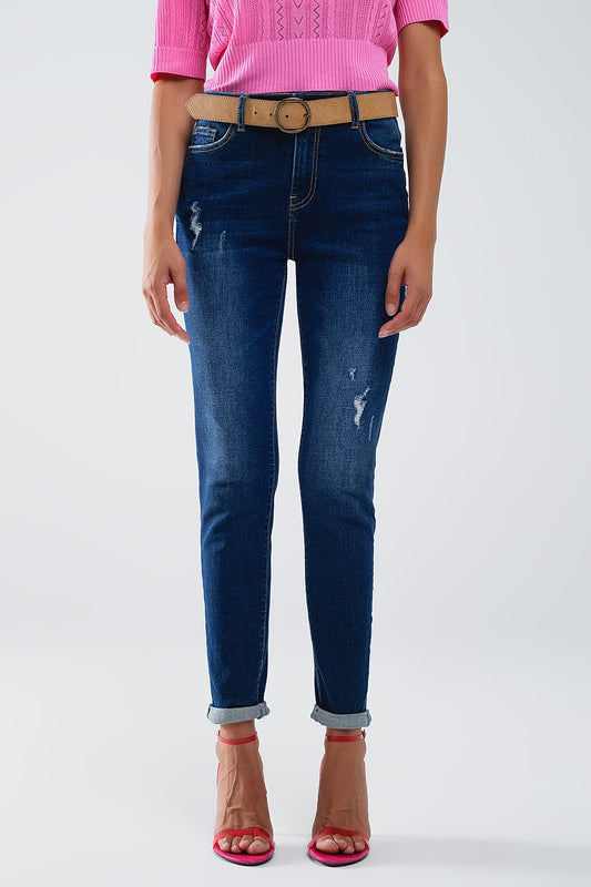 Q2 Calças de ganga super skinny com lavagem escura e desgastadas em ganga elástica