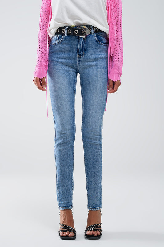 Q2 Calças de ganga super skinny de cintura alta em azul vintage stonewash