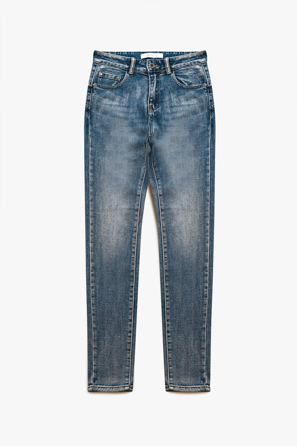 Calças de ganga super skinny de cintura alta em azul vintage stonewash