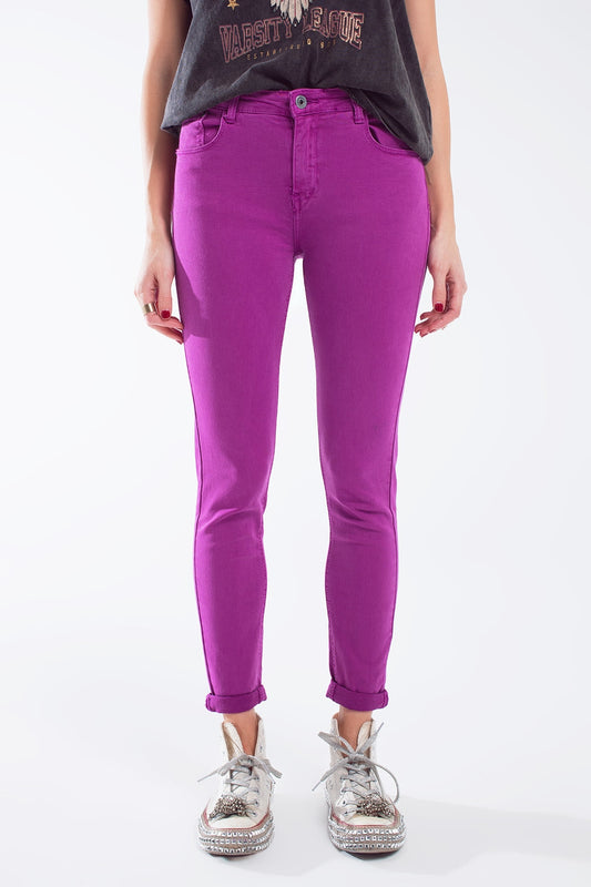 Q2 Calças de ganga super skinny fúcsia com rugas suaves no tornozelo