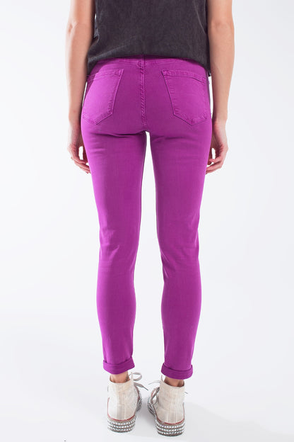 Calças de ganga super skinny fúcsia com rugas suaves no tornozelo