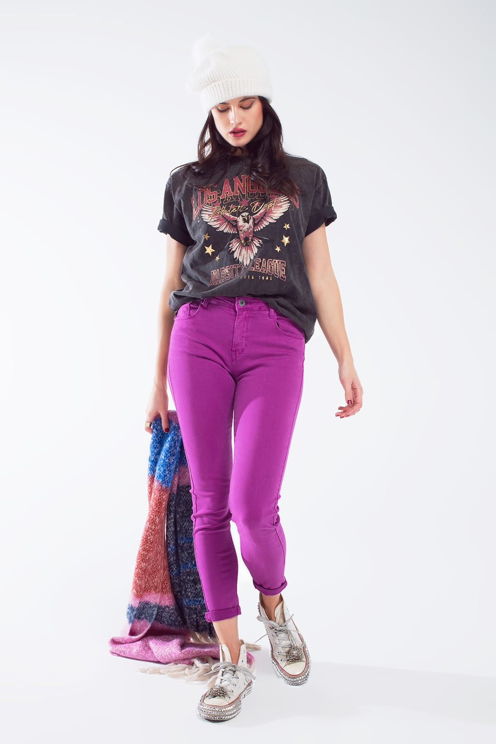 Calças de ganga super skinny fúcsia com rugas suaves no tornozelo