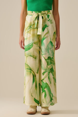 Calça de perna larga com estampado verde aguarela