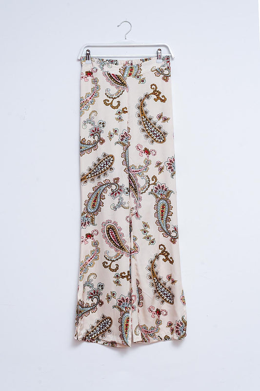 Q2 Calças de perna larga macias com padrão floral paisley