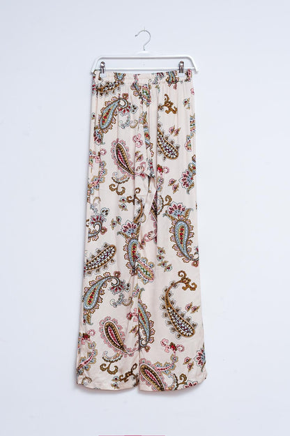 Calças de perna larga macias com padrão floral paisley