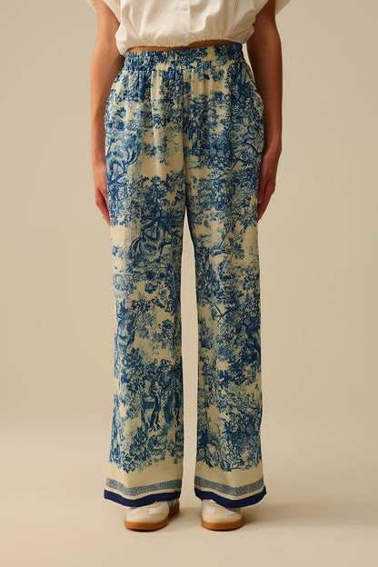 Q2 Calças fluidas com estampado Toile de Jouy e cintura elástica
