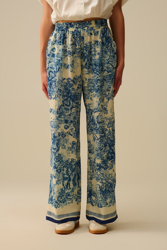 Q2 Calças fluidas com estampado Toile de Jouy e cintura elástica