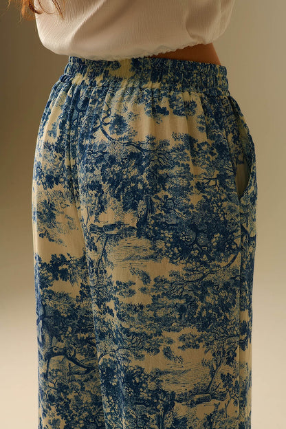 Calças fluidas com estampado Toile de Jouy e cintura elástica
